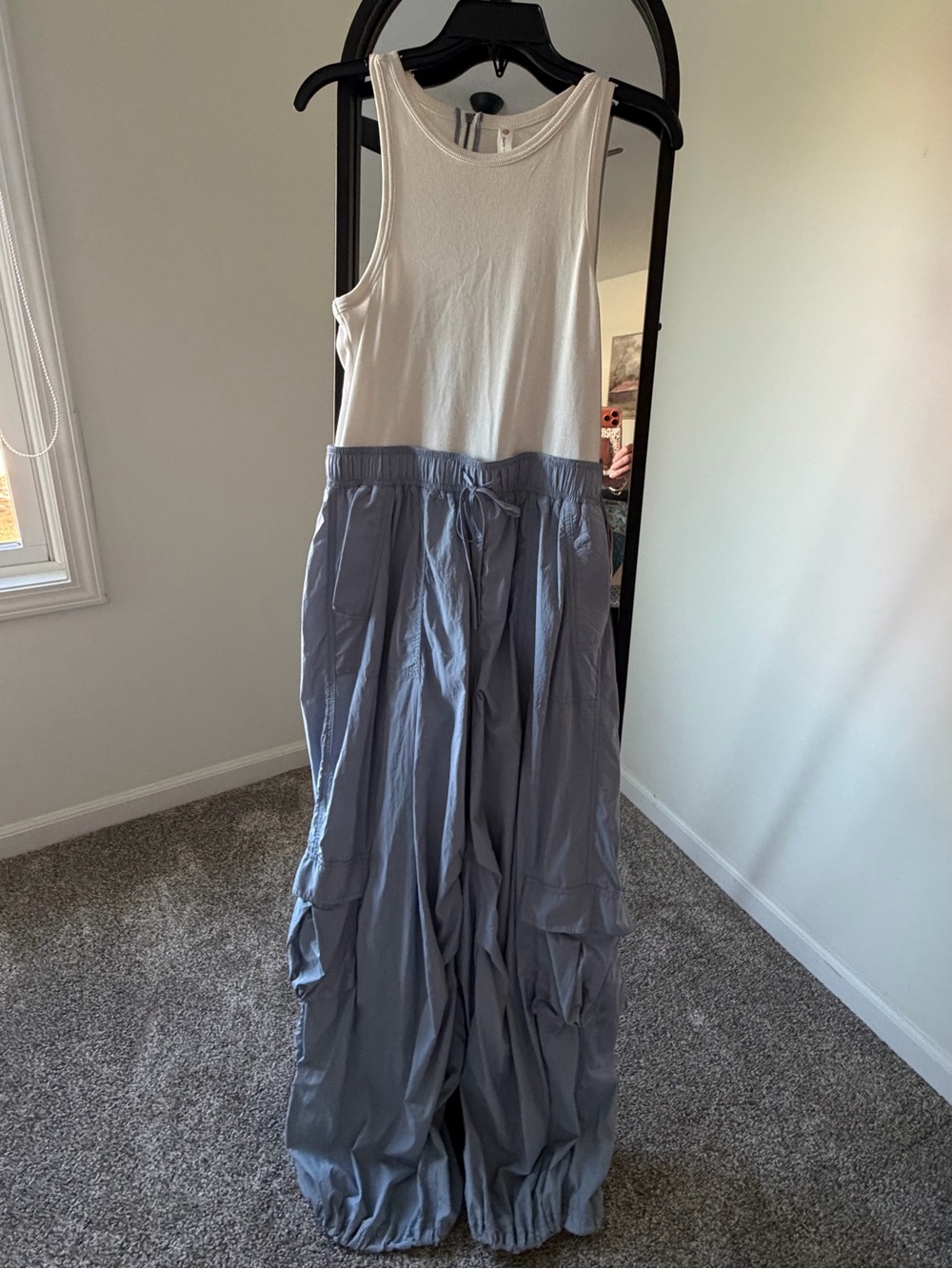 Y2 Daily Practice by Anthro White Top Light Gray Wide-Leg  Cargo Jumpsuit
